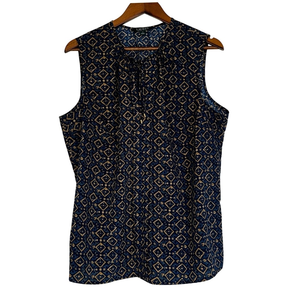 Lauren Ralph Lauren Blouse Womens 1X Blue Geometric Tile Sleeveless Tie Neck